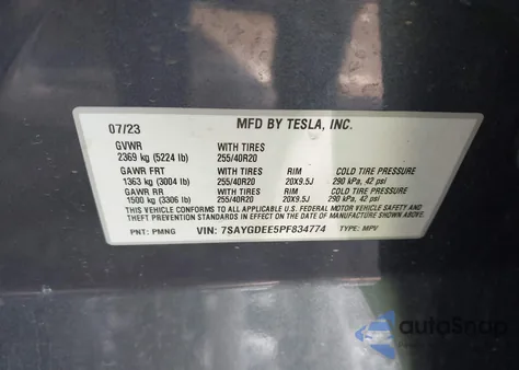 2023 Tesla Model Y из США, поврежденный, VIN 7SAYGDEE5PF834774